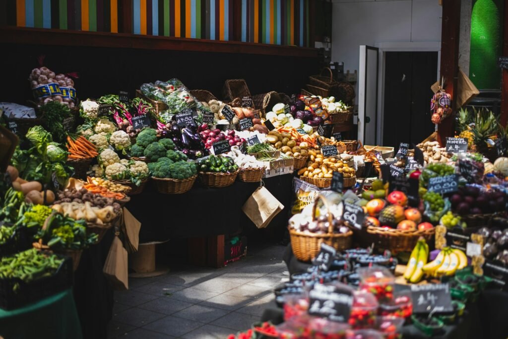 a market with a variety of fruits and vegetables